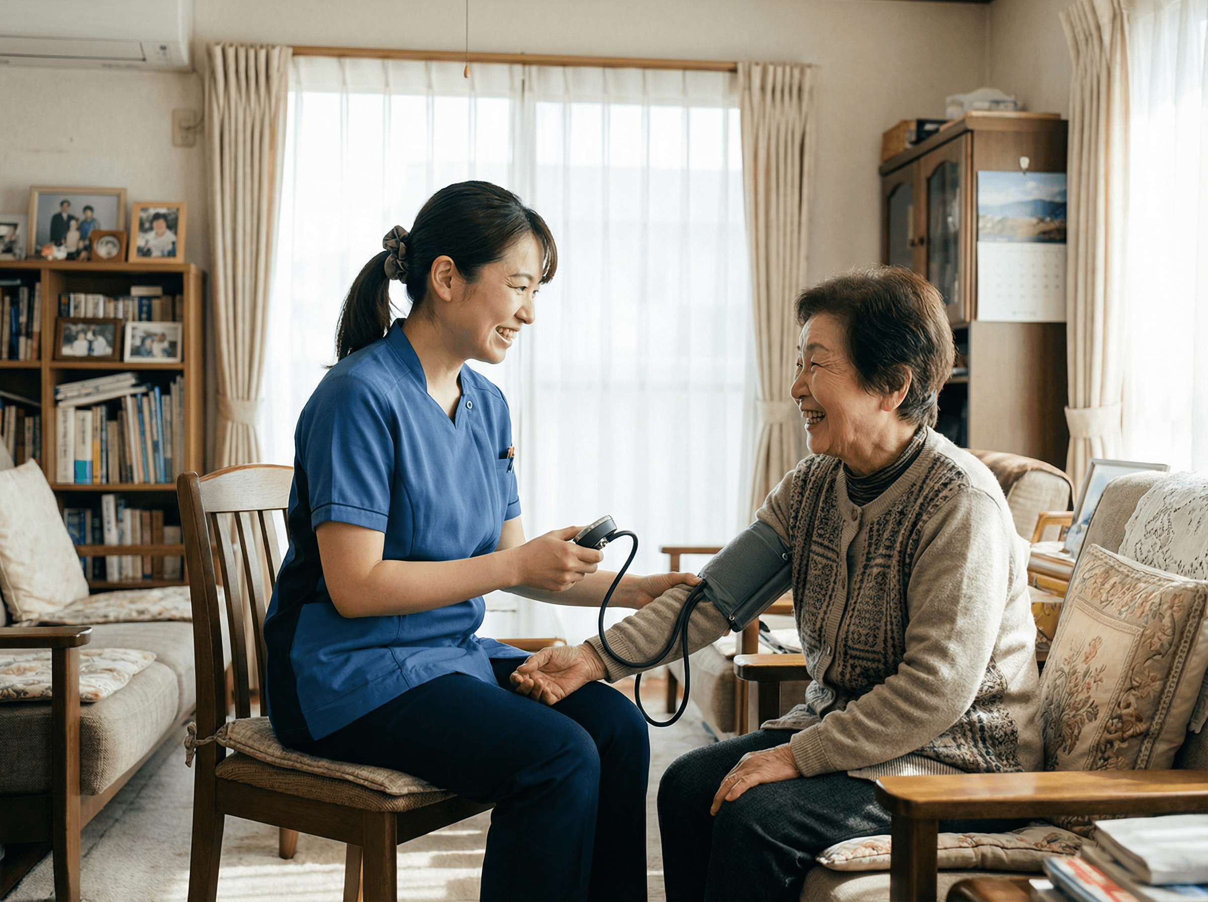一般訪問看護：看護師が利用者様の血圧測定を行っている様子
